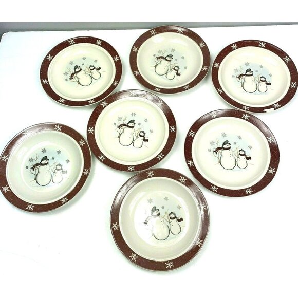 Royal Seasons Stoneware Snowman Plate Lot Dessert Bread Butter Red Holiday 7 pc - Picture 1 of 4